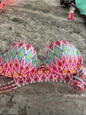 Colorful Ikat Print Strap Bikini Top - Vibrant Multicolor 34 B New!